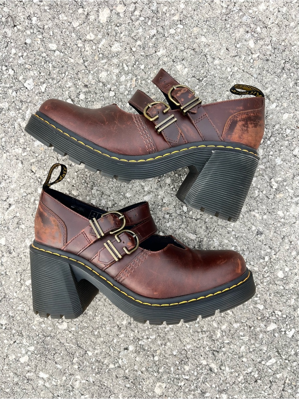 Dr. Martens Eviee Chunky Double-Buckle Mary Jane Heels Brown Leather Flaw
